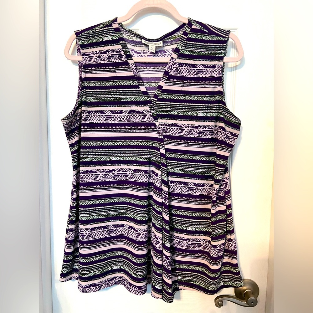 Dana Bachman size XL sleeveless blouse purple, olive and white